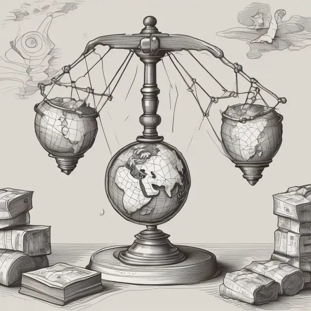 A world map featuring interconnected arrows symbolizing currency exchange rates. REER represented by a balance scale, with export competitiveness tipping the scales.