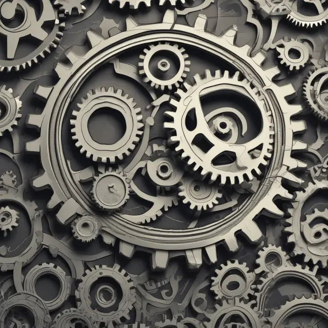 Interconnected cogs representing financial transactions with reference numbers