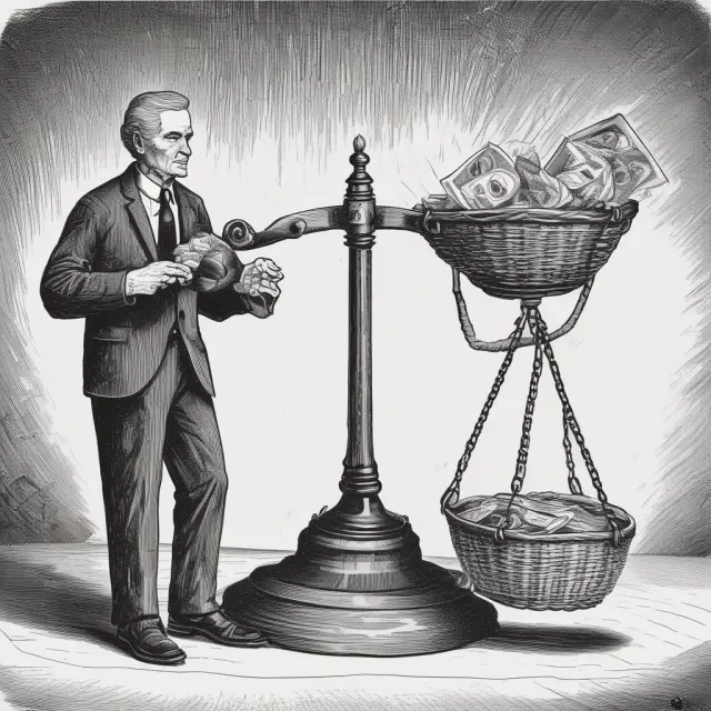 The Fed chair holds a balance scale, weighing the Consumer Price Index (CPI) and unemployment rate. The corporate default rate is shown as a river flowing beneath them.