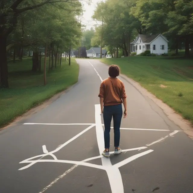 Homeowner at a crossroads evaluating refinancing options between two mortgage paths - one high-interest and the other with reduced monthly payments