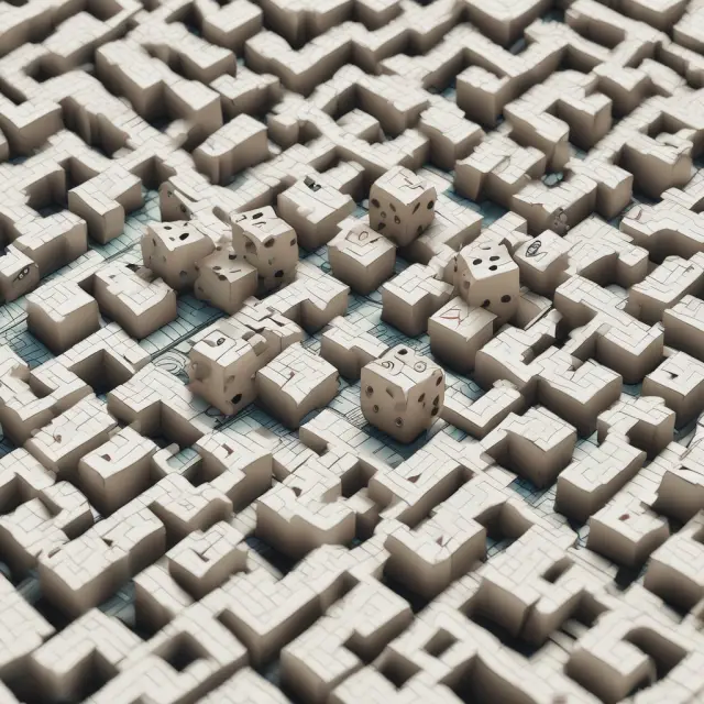 A person rolls dice in a surreal maze, representing different refinancing options: rate-and-term, cash-out, cash-in, and consolidation