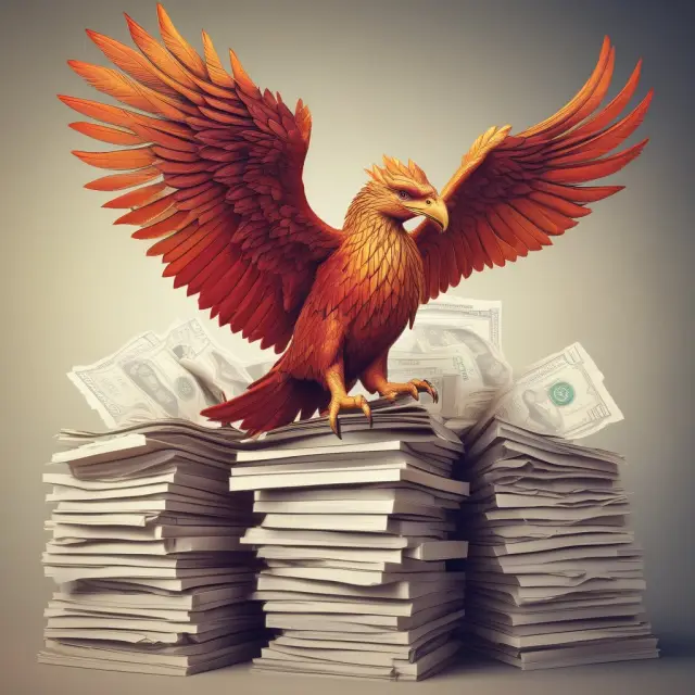 Phoenix rising from a pile of financial reports, illustrating corporate debt restructuring and renewed financial position