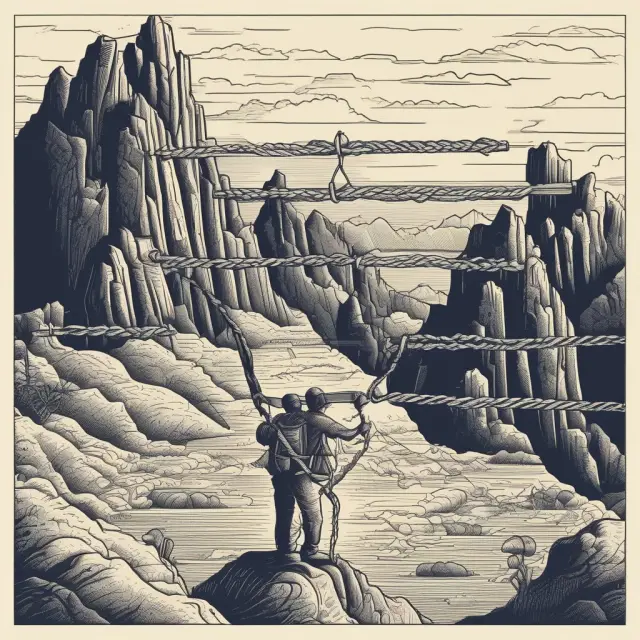 Image of two hands intertwining to create a sturdy ladder connecting mountains labeled