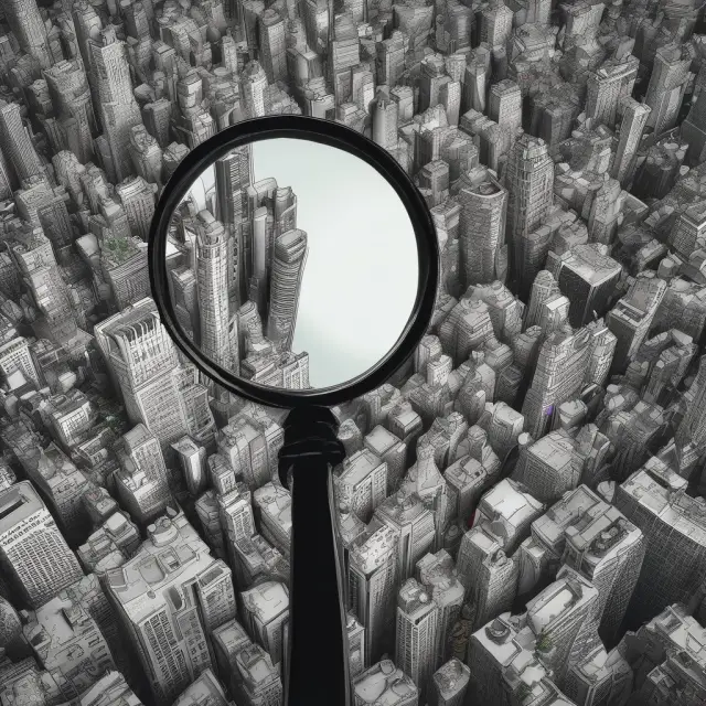 A reflection of interconnected investors examining their magnified perceptions in a cityscape, signifying the power of reflexivity in markets.