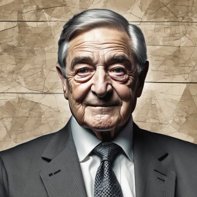 George Soros, holding a golden mirror reflecting interconnected boom-bust cycles and price bubbles influenced by reflexivity