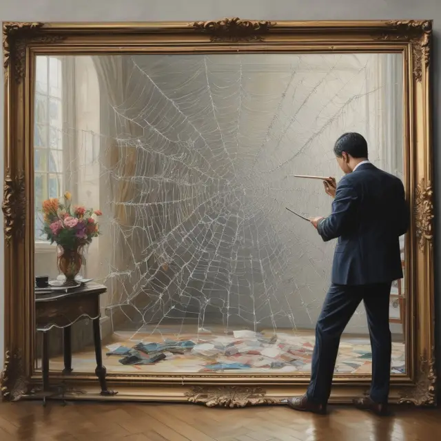 An artist meticulously painting a mirror depicting investors utilizing borrowed funds and complex webs of interlinked leverage, symbolizing the reflexive process in finance.