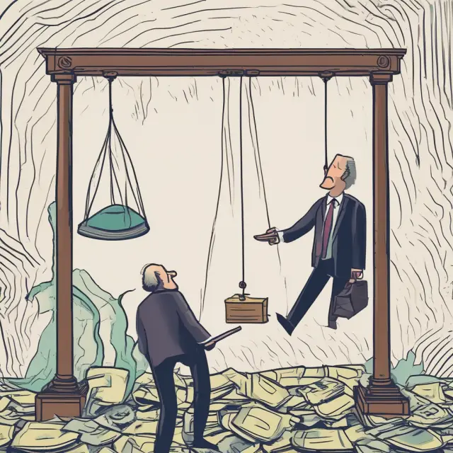 A metaphorical depiction of reflexive processes at play in floating currency exchange rates, with an oscillating pendulum symbolizing investor sentiment impacting the value of different currencies