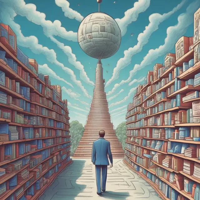 A candidate studying for securities licensing exams in a metaphorical maze, surrounded by books and signposts representing FINRA, state-shaped pillars symbolizing Blue Sky Laws