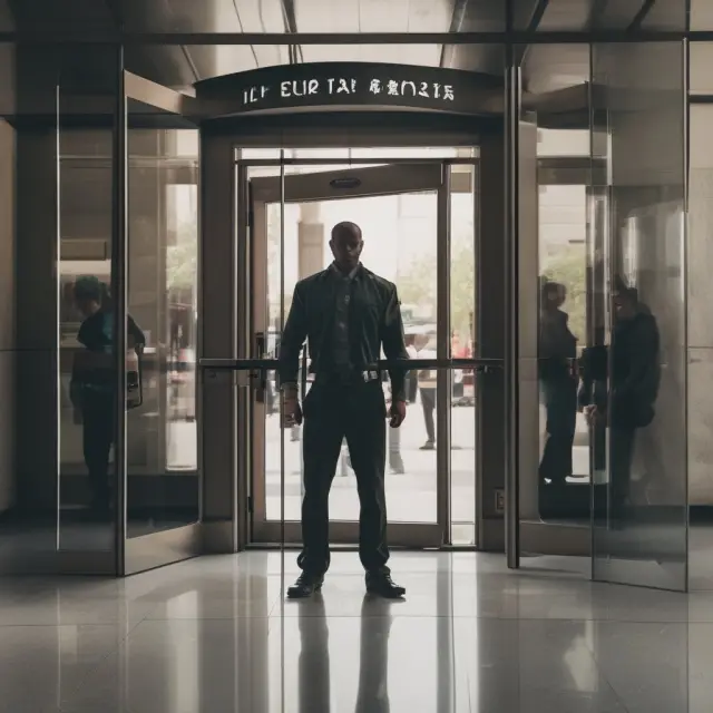 A person barred from becoming a registered representative, symbolized as a felon standing before a revolving door that leads to the financial services sector