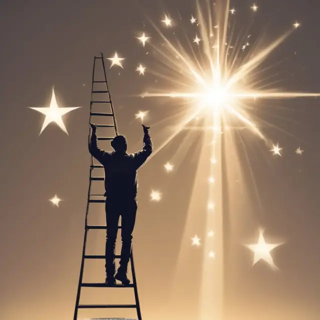 A person ascending a ladder, holding educational degrees and license certificates, reaching for the shining star symbolizing their goal of becoming a registered representative