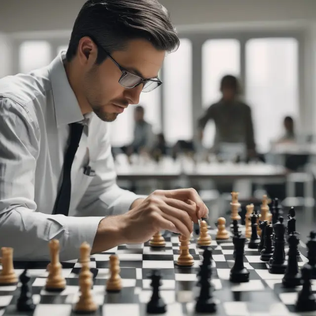 Statistician analyzing financial data using regression techniques on a chessboard filled with data points and coefficients