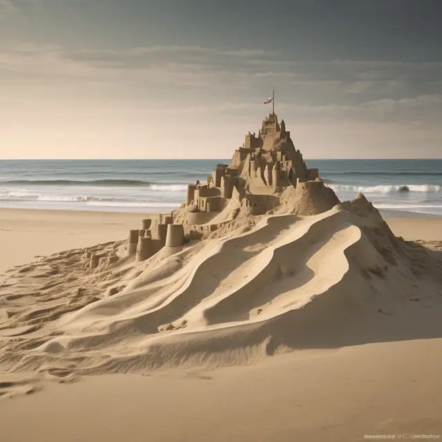 A sandcastle withstands waves representing sales tax, user fees, excise taxes, property taxes, and sin taxes, symbolizing the unequal impact on low-income households