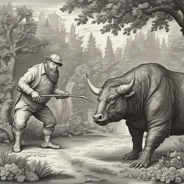 Bull and bear figures illustrate investors wrestling with regret theory on a lush financial garden