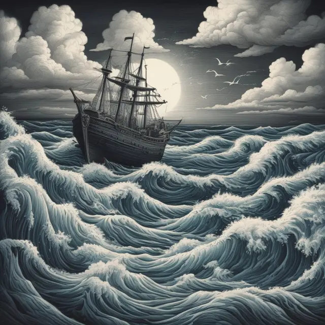 Artwork showing a tranquil boat anchored in a stormy sea, symbolizing rational investment decisions amidst past regrets.