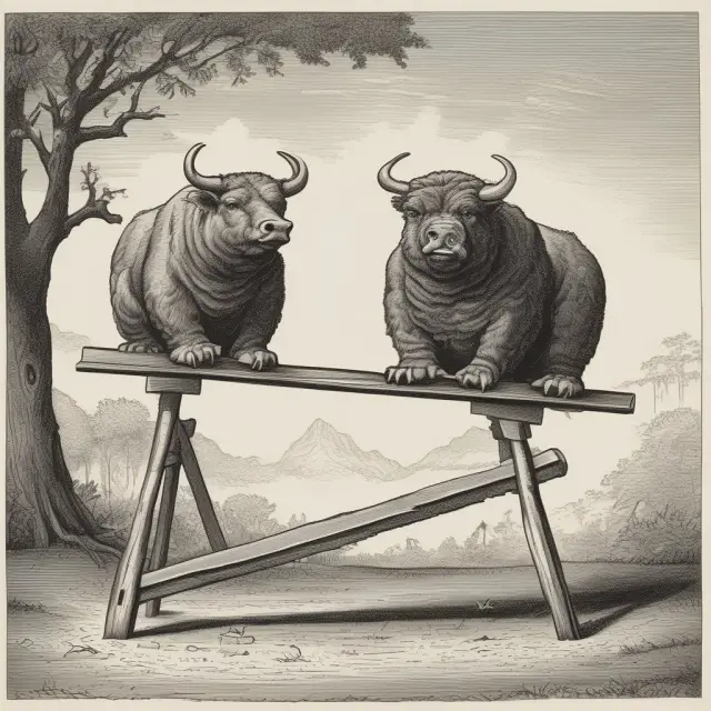 A fearful bull and cautious bear on a seesaw symbolize investors