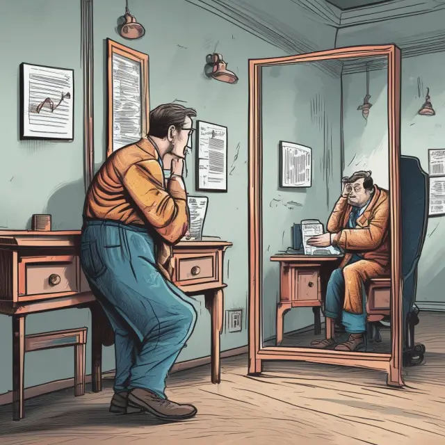 An anxious investor looking at a mirror, as regret (personified) lurks behind, symbolizing the influence of regret theory during stock market fluctuations