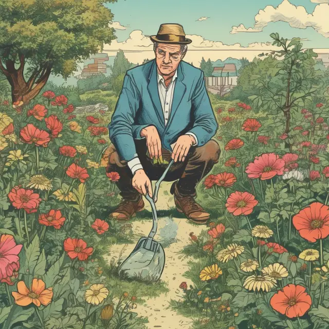 An investor tending to their garden of investments, uproots regret weeds for a prosperous portfolio.