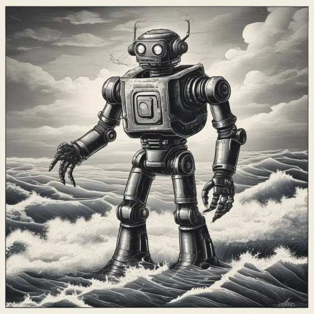A robot, symbolizing automated trading strategies, calming a turbulent sea filled with regret theory emotions.