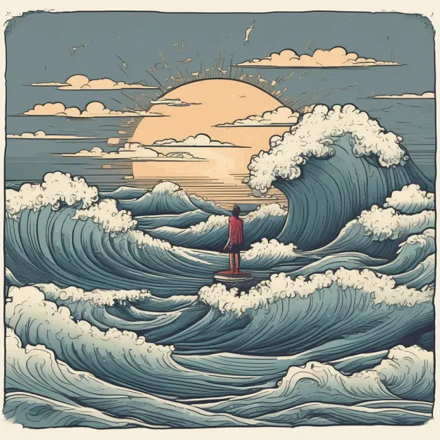 An investor riding emotional waves on a boat finds solace and stability in a well-diversified investment portfolio, reducing the impact of regret theory.
