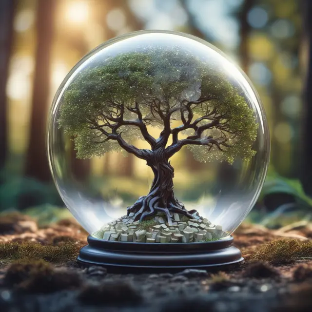 Image: A crystal ball showcasing AI and ML technologies blending with a progressive regulatory compliance tree, symbolizing the future of RegTech in finance.