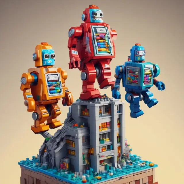 Robots shielding sensitive data within standardized Lego towers, symbolizing secure RegTech implementation and collaboration.