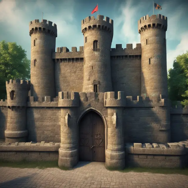 A castle wall adorned with shields labeled 