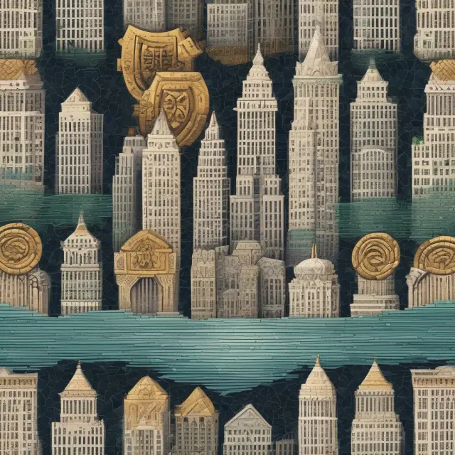 Bank towers symbolizing Regulation W entities showcasing exemption shields in a mosaic, surrounded by financial waters