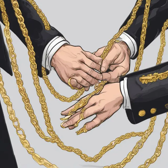 Golden chains symbolizing Regulation W rules being broken by affluent hands, representing instances of non-compliance by banks.
