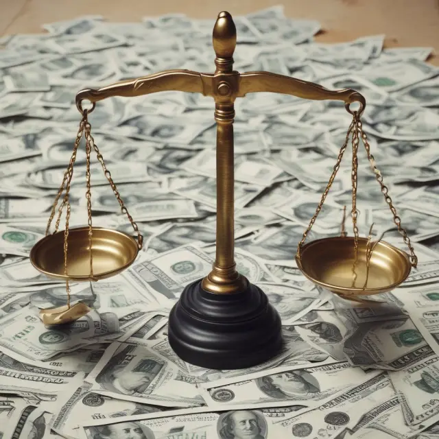 Justice scales balancing cash and margin accounts, with gold coins representing cash and silver coins symbolizing borrowed funds
