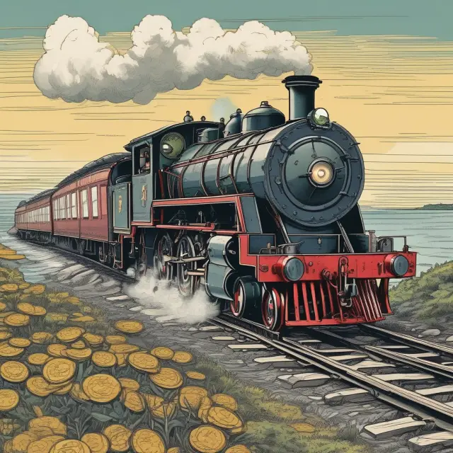 Railway engine approaching regulatory capture sign, surrounded by gold coins representing susceptible industries