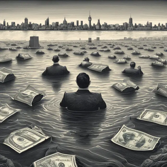 Institutional investors sailing a ship through treacherous waters filled with regulatory capture, represented by dark clouds and turbulent waves