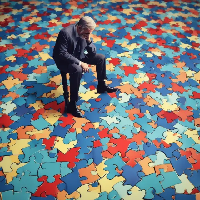 An investor carefully examining various real estate investment group options, symbolized as puzzle pieces, to find the best match for their needs and goals