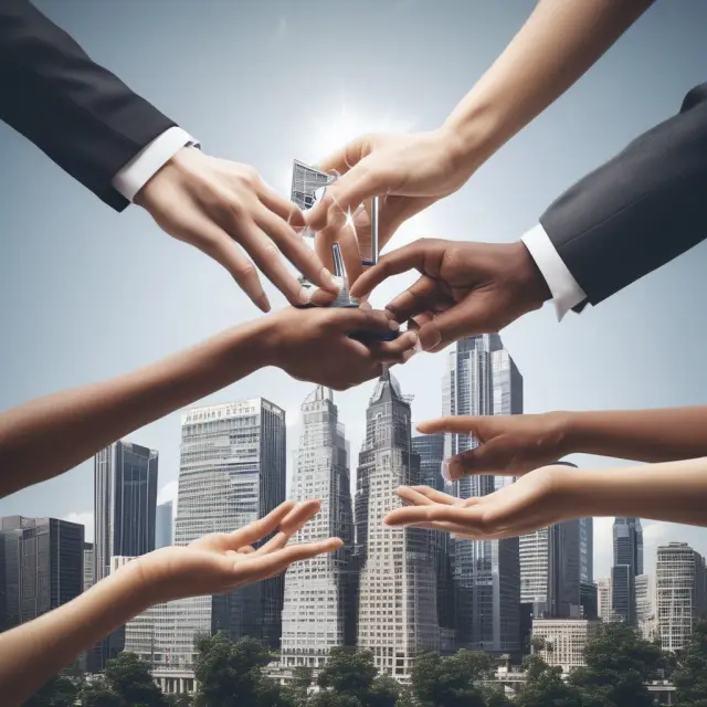 A group of hands constructing a cityscape with REITs and REIGs interconnected, illustrating the power of unified real estate investments