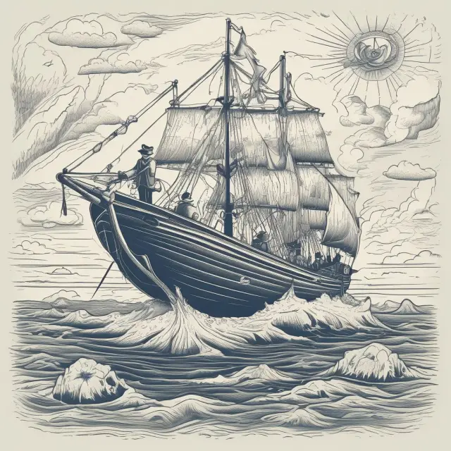 A person navigating a boat in calm waters, surrounded by lifebuoys representing tax refunds and guided by a compass with accounting records.