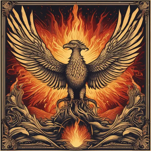 A mythical phoenix emerging from a chaotic inferno, representing reinsurance
