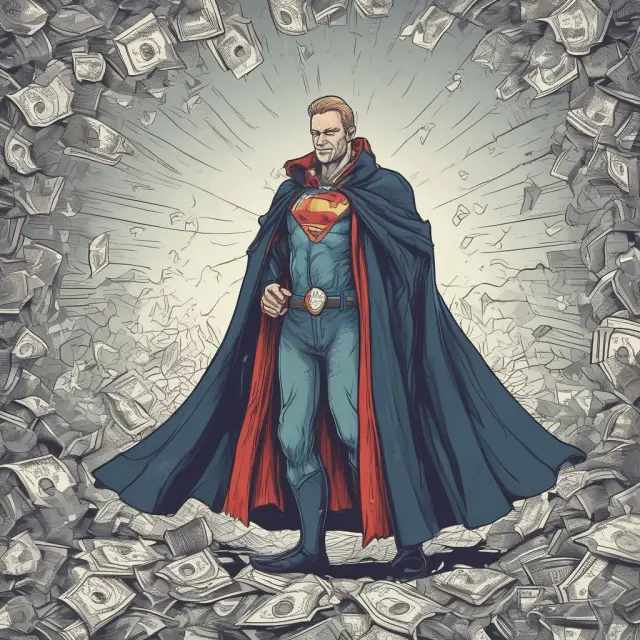 A superhero insurer donning a reinsurance shield, safeguarding against financial perils