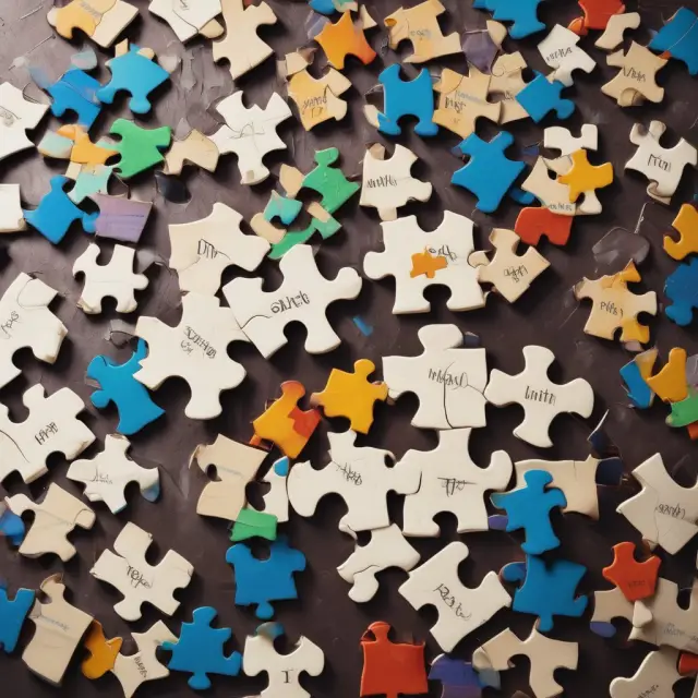 An insurer and reinsurer working together on a jigsaw puzzle, with the insurer choosing risk pieces for submission. The reinsurer evaluates and sorts them based on acceptance