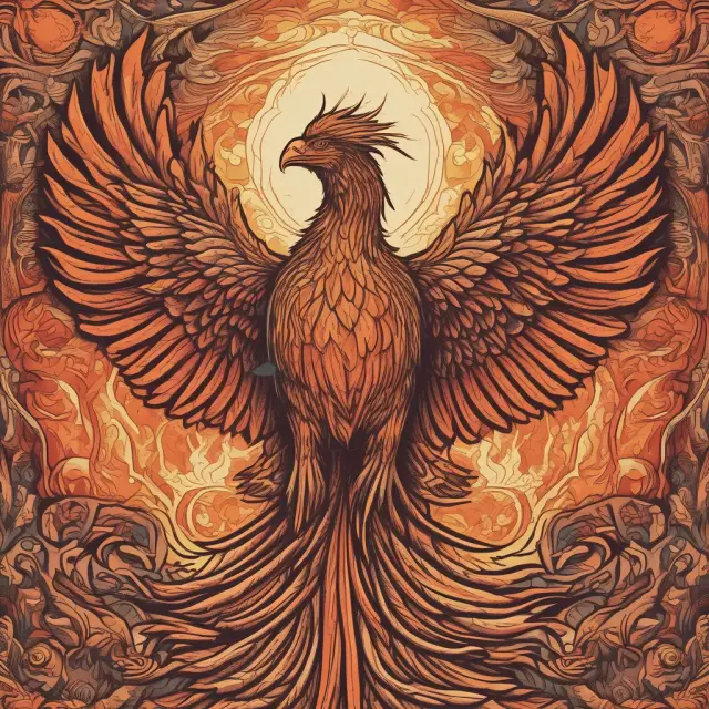 A mythical phoenix, symbolizing reinsurance, rises from the ashes amidst flames, illustrating risk transformation