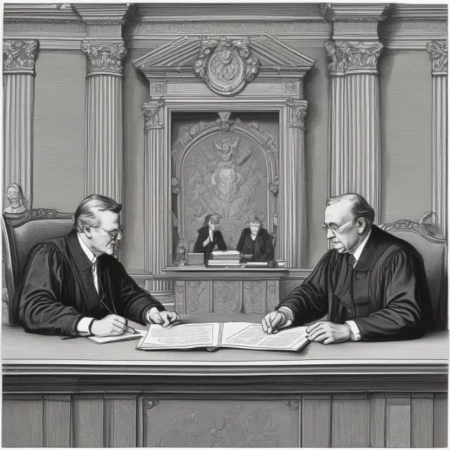 Governor, judge oversee reinsurer, insurer signing contract in a courtroom, symbolizing regulation and legal framework in reinsurance