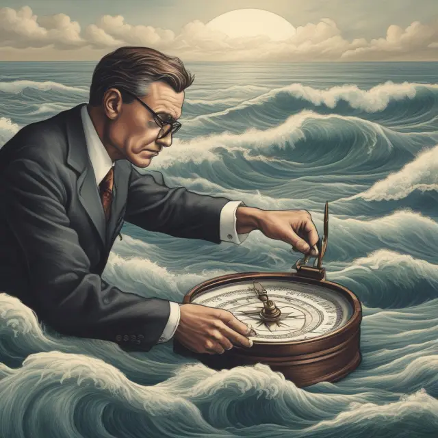 An investor steers a boat through fluctuating waves of interest rates, utilizing a compass and map to make informed decisions on reinvesting proceeds from fixed income securities