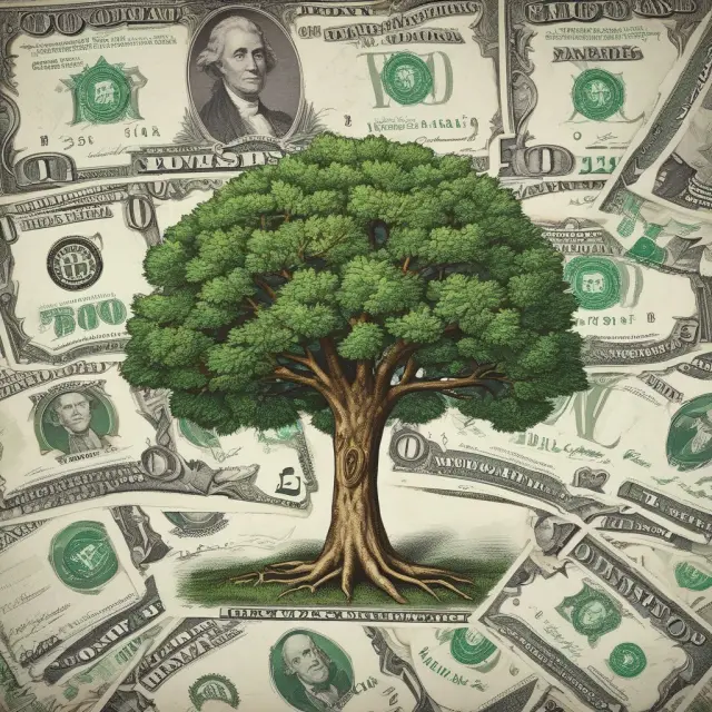 A tree with branches representing annual coupon payments, each branch bearing fruits (coupons) that sprout new branches upon reinvestment. Total return grows exponentially over time.