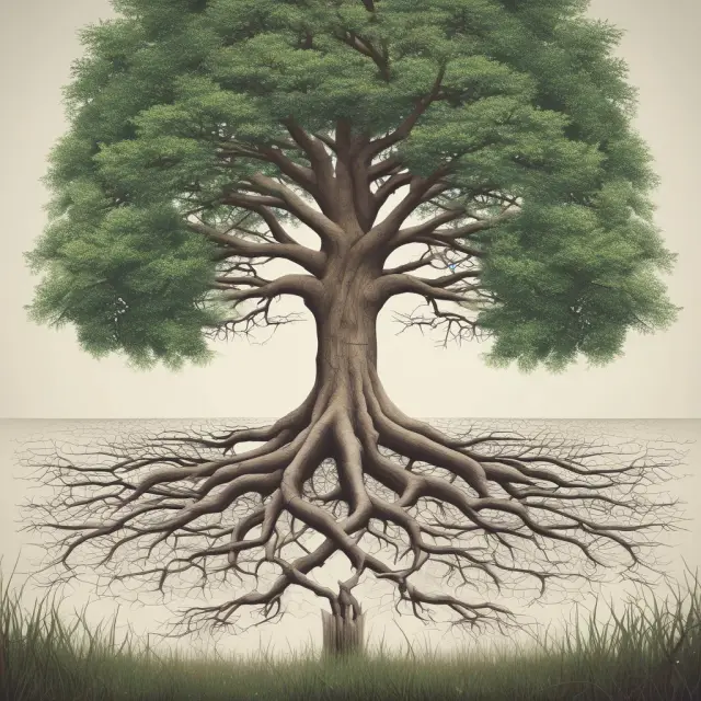 Tree with roots forming a network of interconnected bonds, representing longer-term investments and compounded returns