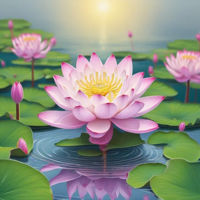 A lotus flower growing steadily in a tranquil pond amidst the uncertain and changing market waters, symbolizing the security of non-callable bonds that provide a guaranteed maturity date to investors.