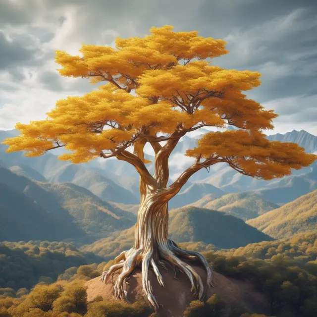 Golden trees symbolizing equity REITs, silver rivers representing mortgage REITs, and a hybrid phoenix rising above, illustrating diversified real estate investments