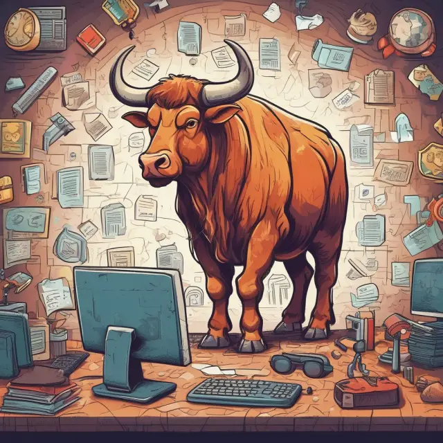 A CRM bull protects a treasure chest full of customer data while efficient software tools and communication technologies act as pillars in the background