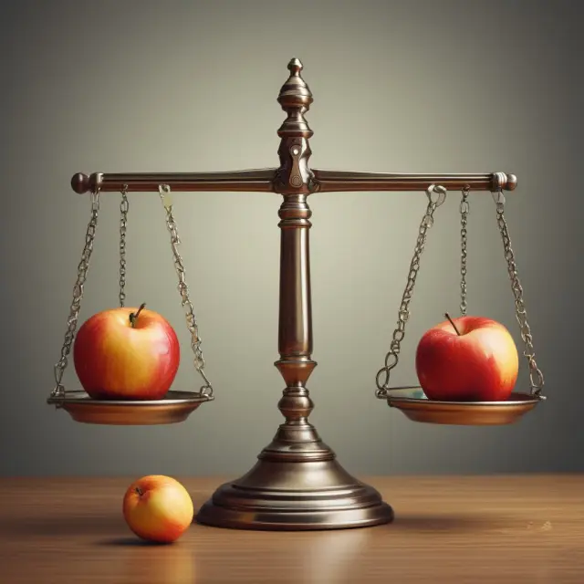 An investor stands before a set of weighing scales, one side filled with golden apples representing intrinsic value, and the other featuring a mirror reflecting relative value comparisons