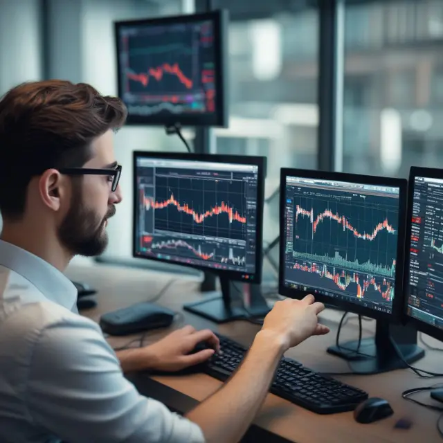 An institutional investor examines RVI waveforms, revealing bullish trends and reversal signals on multiple screens