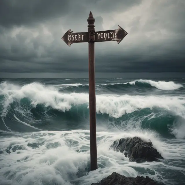 An RVI signpost on a rock in the middle of a stormy sea, symbolizing guidance through common mistakes when using the Relative Vigor Index