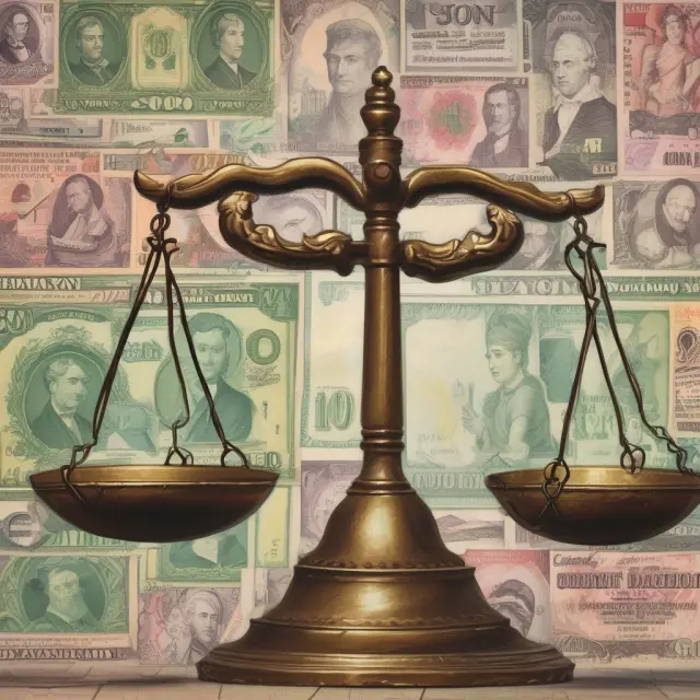 A set of balanced scales with currencies representing two countries, one currency gaining weight due to lower inflation. RPPP illustrated.