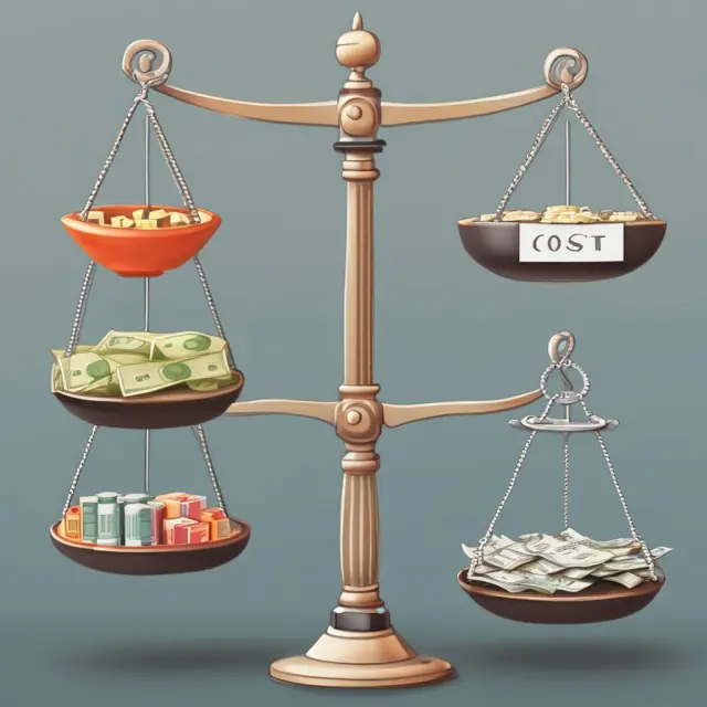 A balance scale illustrating costs as building blocks and expenses as money flowing, highlighting their differences in business accounting.
